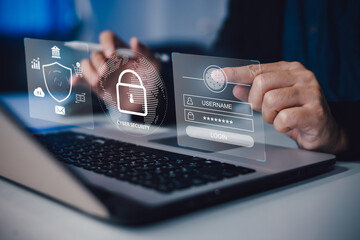 Cyber security and online data protection on internet of thing. Firewall shield secure access system with lock icon. Cybersecurity, privacy and login and password verification authentication.