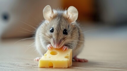Little cute mouse eats cheese and looks at the camera