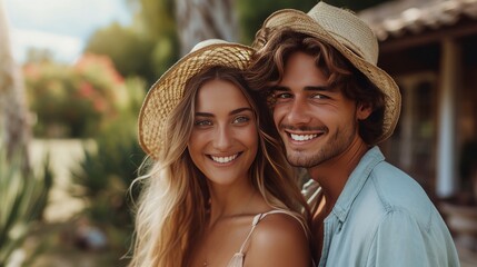 Happy American young couple walking in the garden near their country house