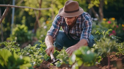 Fototapeta premium Young handsome gardener digging with a shovel in the garden