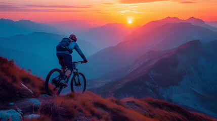 A mountain biker enjoys a breathtaking sunset view from a high scenic trail, embodying adventure and tranquility.
