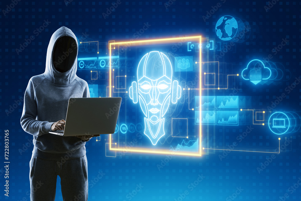 Poster Hacker using laptop with glowing ai hologram with icons and robot on dark blue background. Chat GPT, hacking and innovation concept.