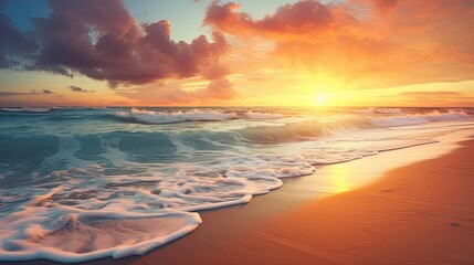 The allure of a sunset envelops a sandy beach where gentle waves create a soothing melody while gracefully washing ashore. Sunset beach, gentle waves, tranquil seascape, sandy shore. Generated by AI. - obrazy, fototapety, plakaty