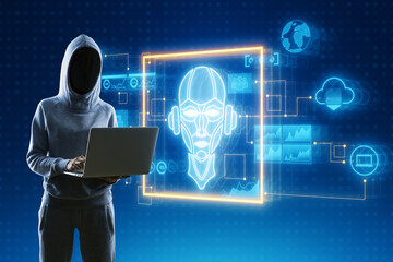 Hacker using laptop with glowing ai hologram with icons and robot on dark blue background. Chat...