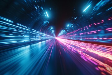 Speed of light travel through a neon-lit tunnel, capturing the essence of rapid motion and futuristic transportation - obrazy, fototapety, plakaty