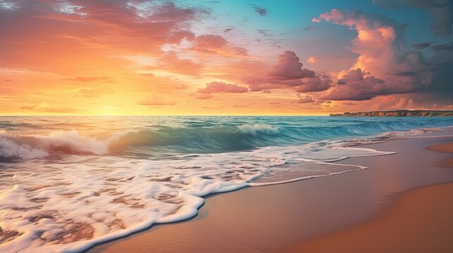 Nature's beauty unfolds on a sandy beach at sunset, where gentle waves create a calming rhythm while washing ashore. Sunset beach, gentle waves, tranquil coastline, sandy coast. Generated by AI.