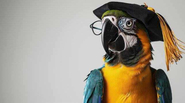 Portrait of parrot wearing a graduation cap and glasses.