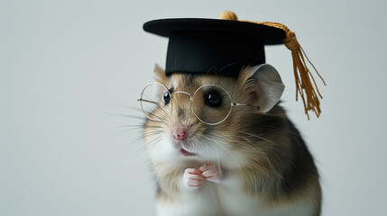 Portrait of hamster wearing a graduation cap and glasses.