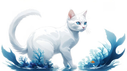 Silhouette of white cat and ocean fish