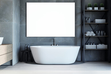 Contemporary concrete and wooden bathroom interior with empty white mock up banner, various objects. 3D Rendering.