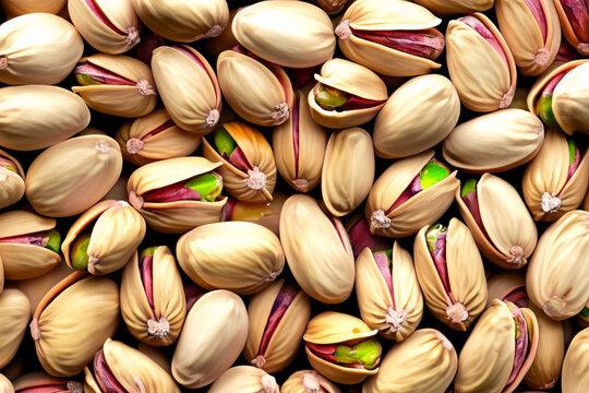 healthy nuts. large number of small opened pistachio nuts close-up top view, useful concept