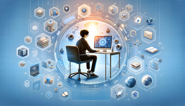 The meeting background image for Learning has been modified. The individual is now facing towards the viewer, still engaged in online learning. The image maintains the futuristic and digital theme