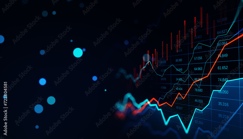 Poster glowing forex chart on blurry bokeh backdrop. trade, finance and market concept. 3d rendering.