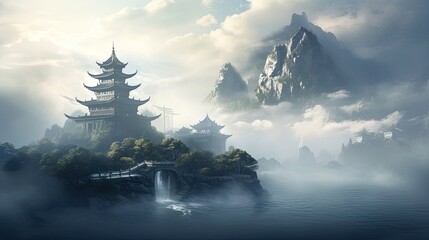Serene mountain temple shrouded in morning mist, tranquil sanctuary atop misty peaks, peaceful ambiance, spiritual refuge, mist-kissed landscape, tranquil dawn vista. Generated by AI. - obrazy, fototapety, plakaty