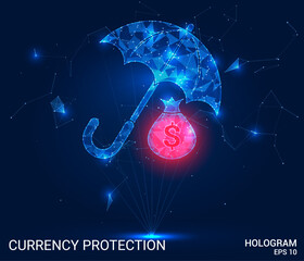 Hologram Protection of currency. Protection of currency from polygons, triangles of points and lines. Umbrella money is a low-poly compound structure. Technology concept vector.