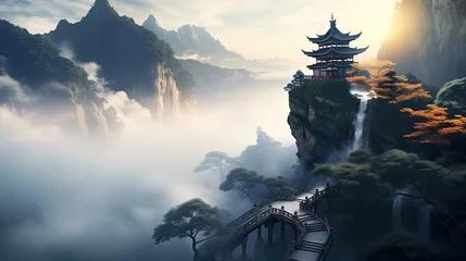 Foto op Plexiglas A serene temple perched atop a misty mountain, peaceful morning mist, spiritual haven, tranquil scenery, mist-covered peaks, serene atmosphere, mystical temple, tranquil dawn. Generated by AI. © Anastasia