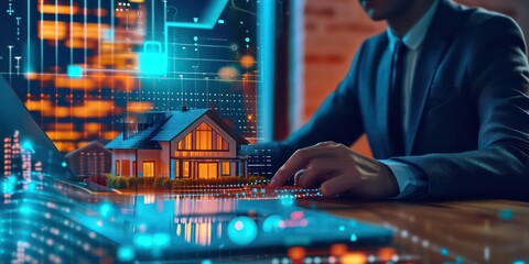 Investor is seen alongside a model house, epitomizing the forward-thinking approach to real estate ventures and the transformative influence of AI in the industry - obrazy, fototapety, plakaty