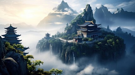Tranquil temple rising above morning mist on a mountain peak, serene mountain sanctuary, mist-covered spiritual haven, peaceful dawn vista. Generated by AI.
