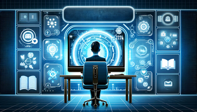 The meeting background image for Learning has been modified. The individual is now facing towards the viewer, still engaged in online learning. The image maintains the futuristic and digital theme