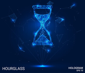 An hourglass hologram. An hourglass made of polygons, triangles of dots and lines. The hourglass is a low-poly compound structure. Technology concept vector.