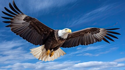 A breathtaking sight of a bald eagle soaring majestically amidst a pristine blue sky, an embodiment of freedom, power, and unbridled grace. Generated by AI.