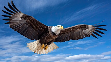 Naklejka premium A breathtaking sight of a bald eagle soaring majestically amidst a pristine blue sky, an embodiment of freedom, power, and unbridled grace. Generated by AI.