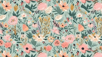 Floral seamless pattern, pastel print. Flowers and leaves in hand drawn style on a light green background. Decorative ornament background for fabric, textile, wrapping paper, card, generative ai,