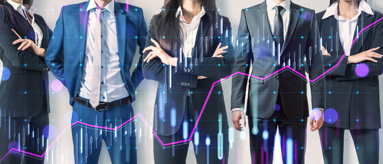 Wide image of headless businesspeople on concrete wall background with forex chart. Teamwork...