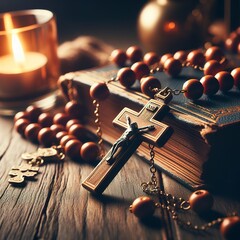 Rosary catholic cross on wooden table - obrazy, fototapety, plakaty