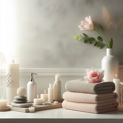 Fototapeta na wymiar Spa bathroom background towels on white desk near white wall and interior accessories