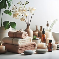 Spa bathroom background towels on white desk near white wall and interior accessories