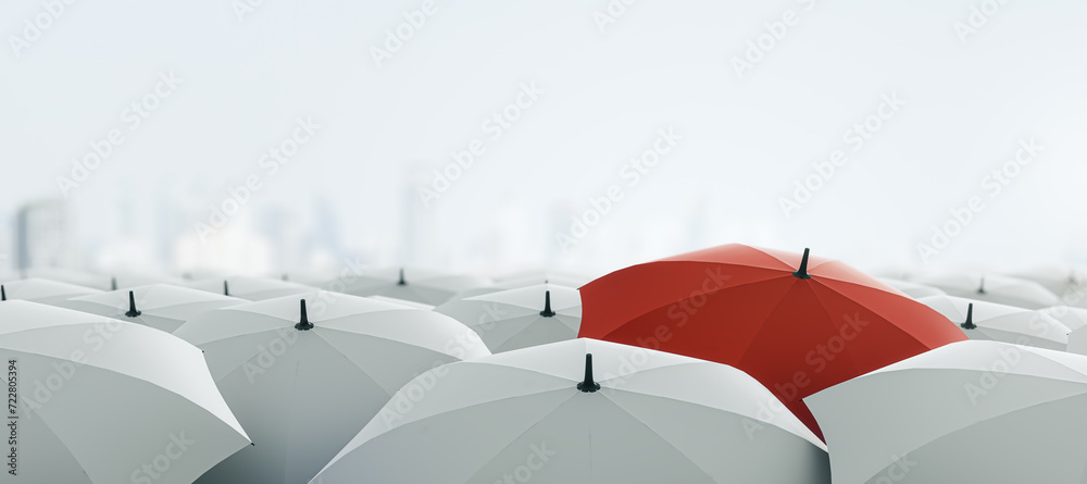 Poster white and red umbrellas on wide light background with mock up place. protection and insurance concep