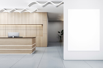 Sleek modern reception desk with wood accents and wave patterned ceiling. 3D Rendering