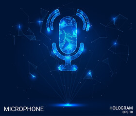 A hologram microphone. The radio microphone consists of polygons, triangles of dots and lines. The microphone has a low-poly connection structure. Technology concept vector.
