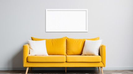 A blank white frame mockup in a minimalist living room