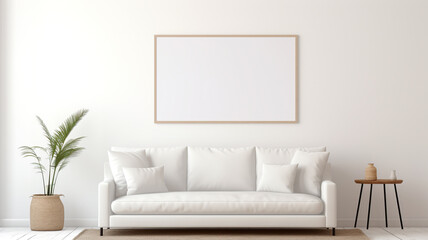 A blank white frame mockup in a minimalist living room