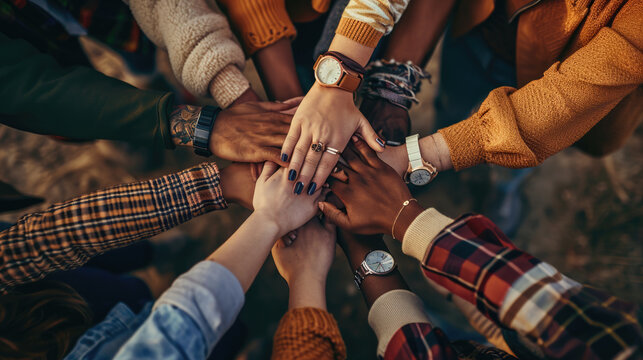 A top-down view of a group of friends stacking their hands together, symbolizing unity, teamwork, and mutual support in a casual setting.