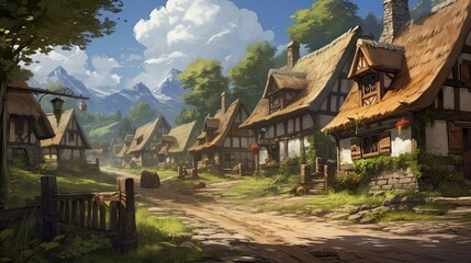 Fototapeta na wymiar Explore a serene village scene with cobblestone pathways winding through charming thatched-roof houses. Quaint, historic, picturesque, rustic, . Generated by AI.