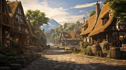 Obraz premium Explore a serene village scene with cobblestone pathways winding through charming thatched-roof houses. Quaint, historic, picturesque, rustic, . Generated by AI.