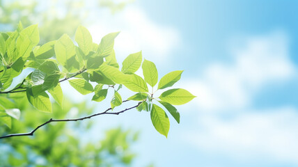Fototapeta na wymiar Beautiful bright green branch frame in spring with the blue sky in the middle wide space for text
