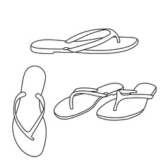 Flip flops sandals vector illustration. Outline vector doodle illustration, front, side, and top view.