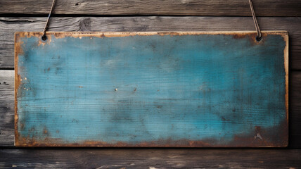 Blank wooden sign hanging on an old blue wooden door.