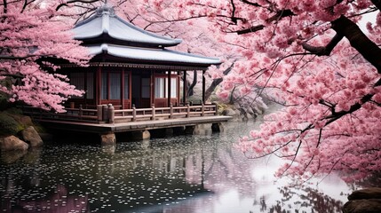 Tea house surrounded by the gentle elegance of cherry blossoms, creating a serene haven for contemplation. Serene ambiance, cherry blossom elegance, tranquil haven. Generated by AI.