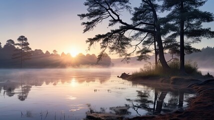 Tranquil lake at dawn, with mist gently ascending from the tranquil, still waters, creating a serene and mystical setting. Dawn tranquility, misty waters, serene ambiance. Generated by AI.