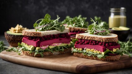 Vegan sandwiches with beetroot hummus. Sandwich with beet, avocado, and arugula