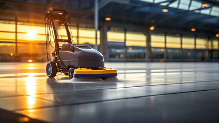Cleaning hard floor with the cleaning machine in office