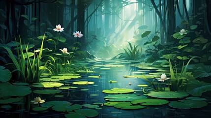 Reeds and lily pads, where frogs add to the tranquil ambiance, creating a peaceful natural retreat. Tranquil pond, reeds, lily pads, frogs, peaceful retreat. Generated by AI.