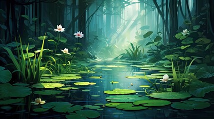 Fototapeta premium Reeds and lily pads, where frogs add to the tranquil ambiance, creating a peaceful natural retreat. Tranquil pond, reeds, lily pads, frogs, peaceful retreat. Generated by AI.