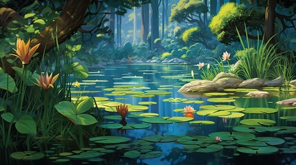Pond enveloped by reeds and lily pads, with frogs contributing to the serene ambiance of this natural retreat. Tranquil pond, reeds, lily pads, frogs, serene ambiance. Generated by AI. - obrazy, fototapety, plakaty