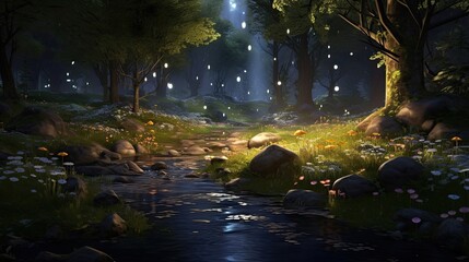 Woodland glade featuring a bubbling brook and magical fireflies, offering a serene escape amidst nature's embrace. Tranquil ambiance, bubbling brook, enchanting fireflies. Generated by AI. - obrazy, fototapety, plakaty